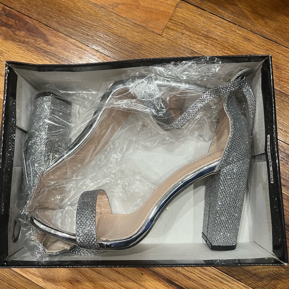 BRAND NEW Silver Sparkle Heels Chunky Ankle Strap
